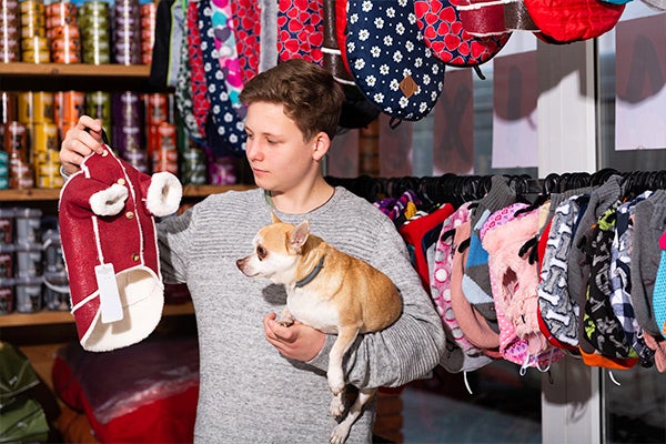 Owner buying warm jacket for dog